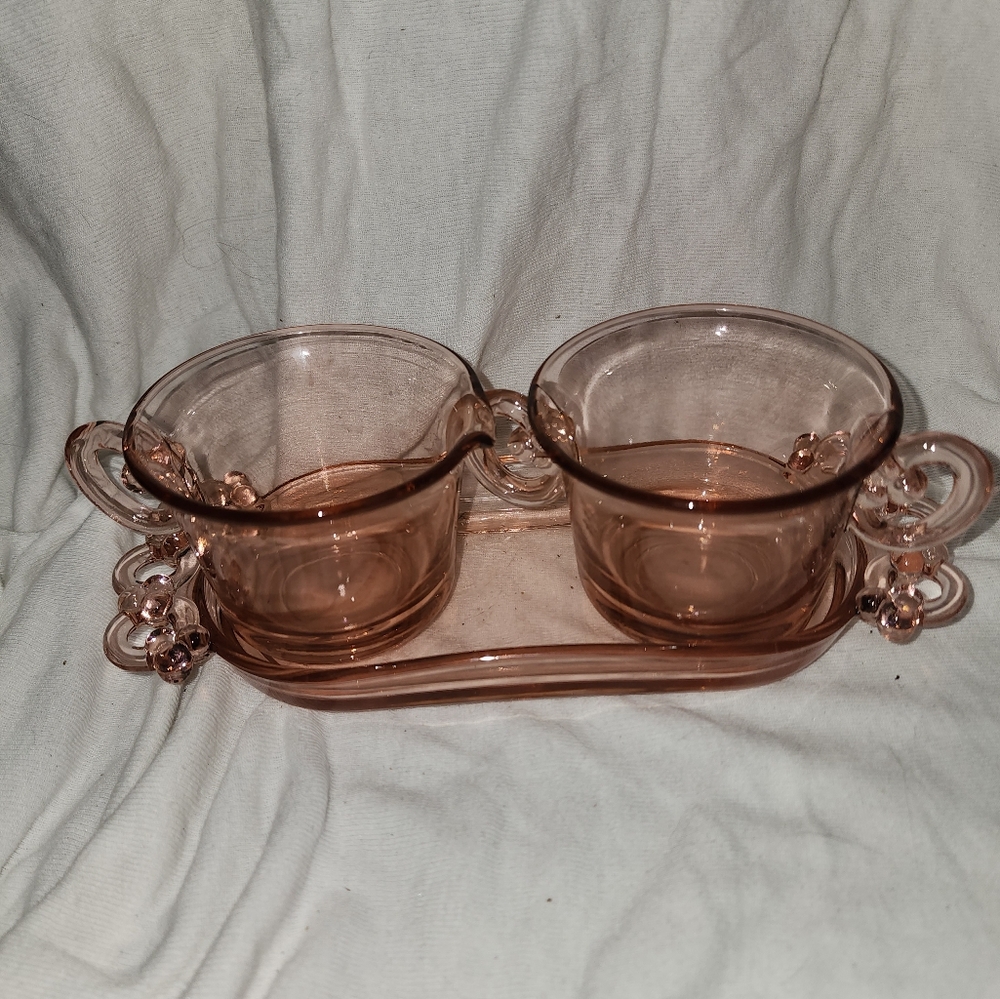 Pink Depression Glass Cream and Sugar Set with Tray. 1930s Perforal Josef Inwald